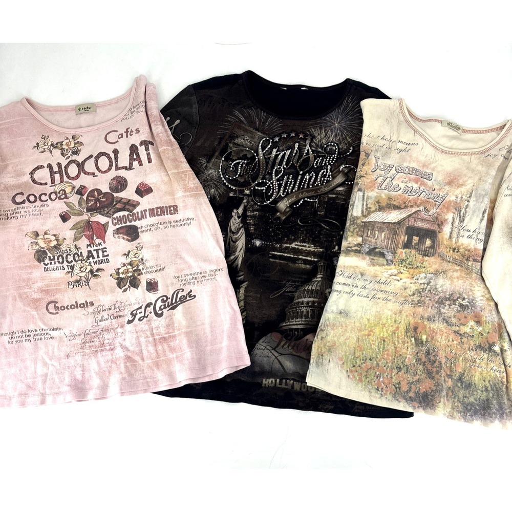 LOT of 3 Womens Y2K Vintage 2000s Tops Shirts All Over Print Embellishments sz L